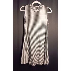 POL Black White Stripe Sleeveless High Neck Swing Dress Women’s Large